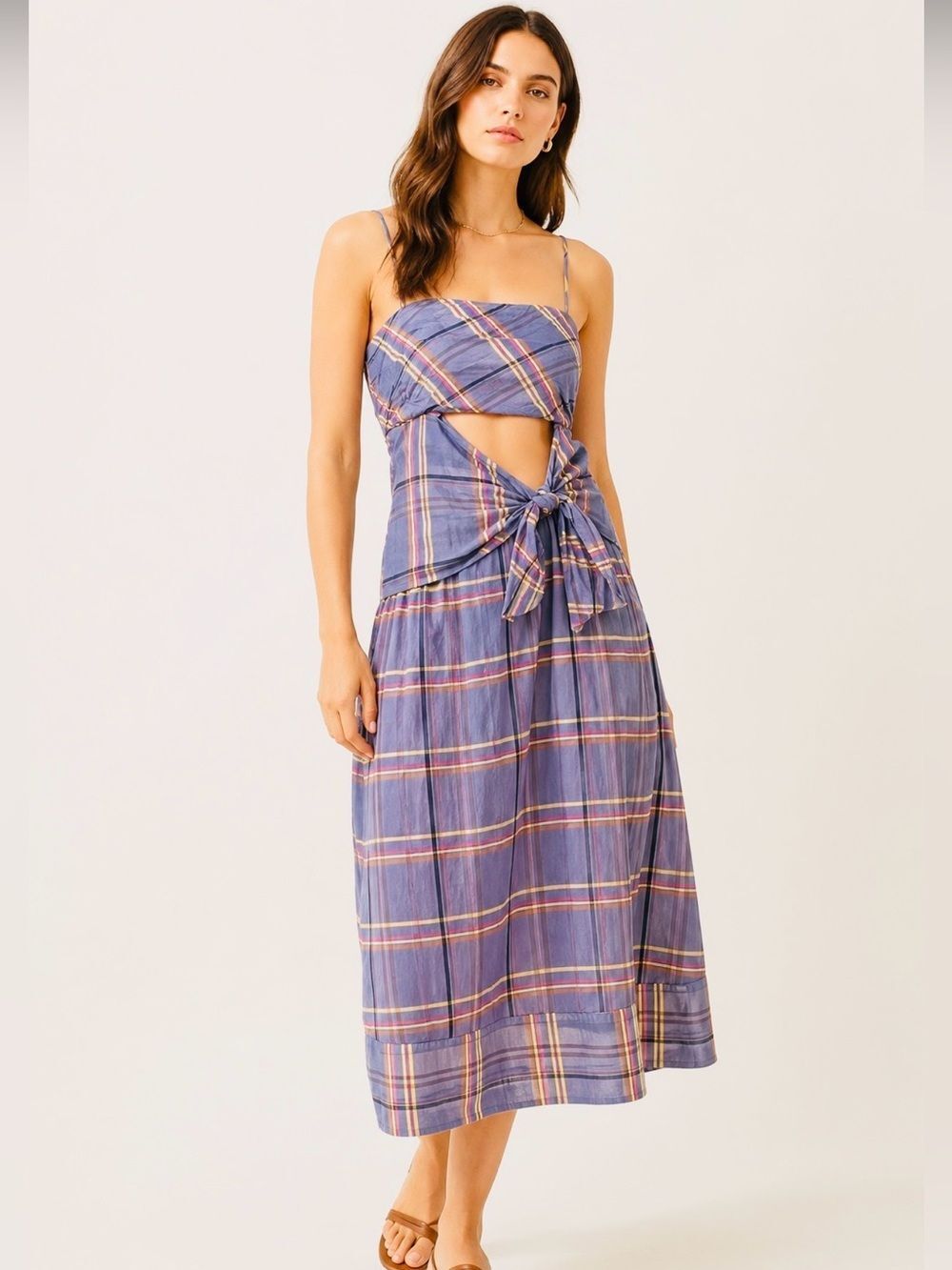 Theory Plaid Cutout Blue Lavender Side Tie Cotton Poplin Cottagecore Dress M